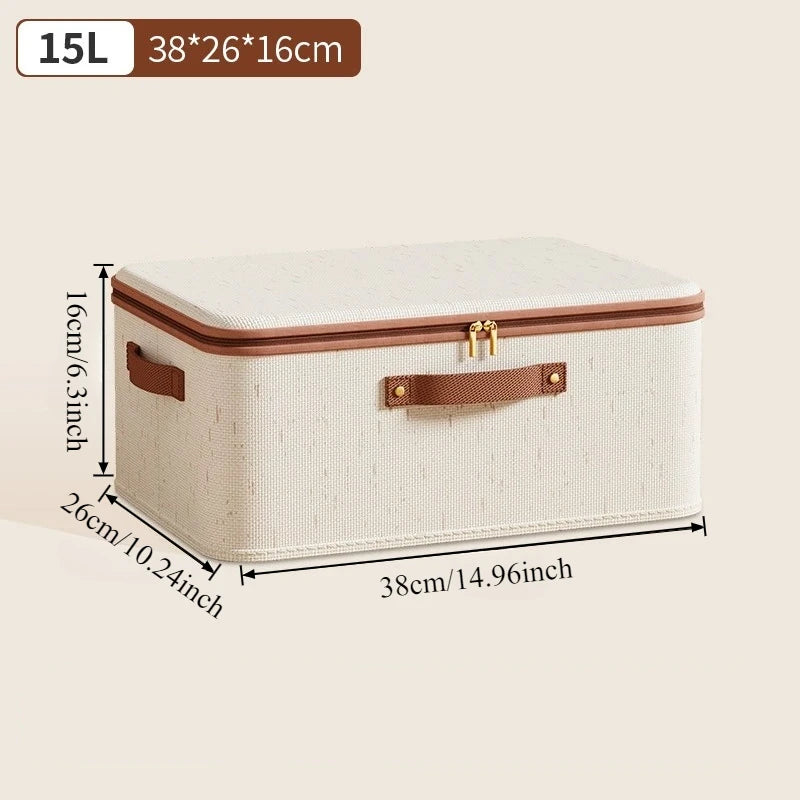 Nutshell beige fabric zipper storage case with brown leather handles 15L Large Capacity Linen Storage Boxes for closet organizing