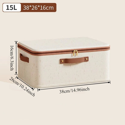 Nutshell beige fabric zipper storage case with brown leather handles 15L Large Capacity Linen Storage Boxes for closet organizing