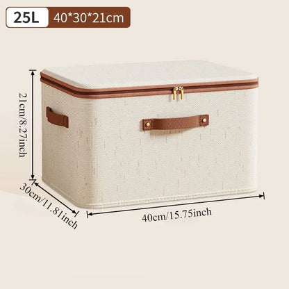 Large Capacity Linen Storage Boxes beige 25L fabric storage box with brown leather handles and zip closure 40x30x21cm