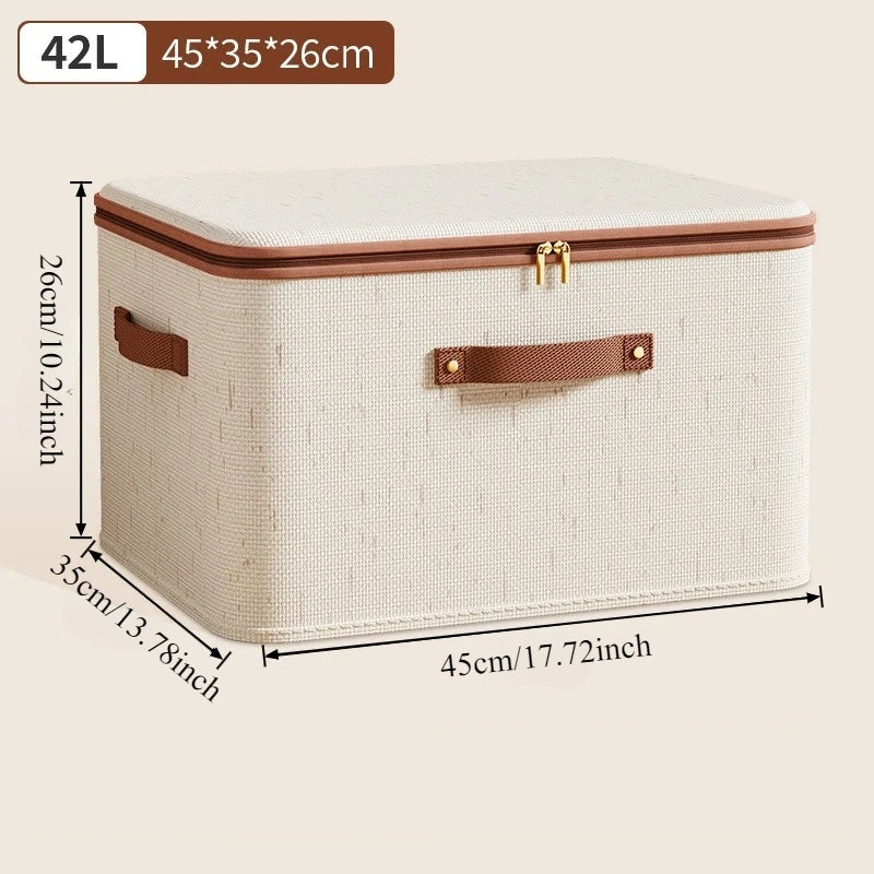 Beige linen textured storage box with brown handles and gold zipper, 42L size and dimensions, Large Capacity Linen Storage Boxes