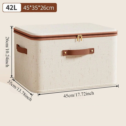 Beige linen textured storage box with brown handles and gold zipper, 42L size and dimensions, Large Capacity Linen Storage Boxes