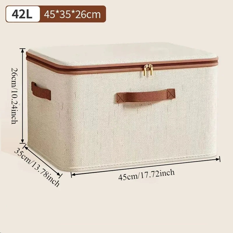Nutshell Large Capacity Linen Storage Boxes beige fabric with brown trim zippered lid dual handles 42L 45x35x26cm