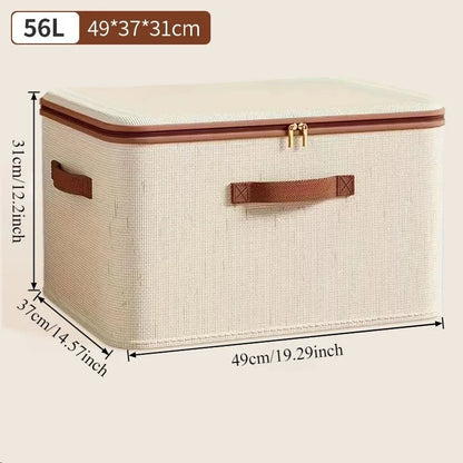 Nutshell Large Capacity Linen Storage Boxes beige linen fabric zippered storage box with brown handles and gold zipper pulls 56L