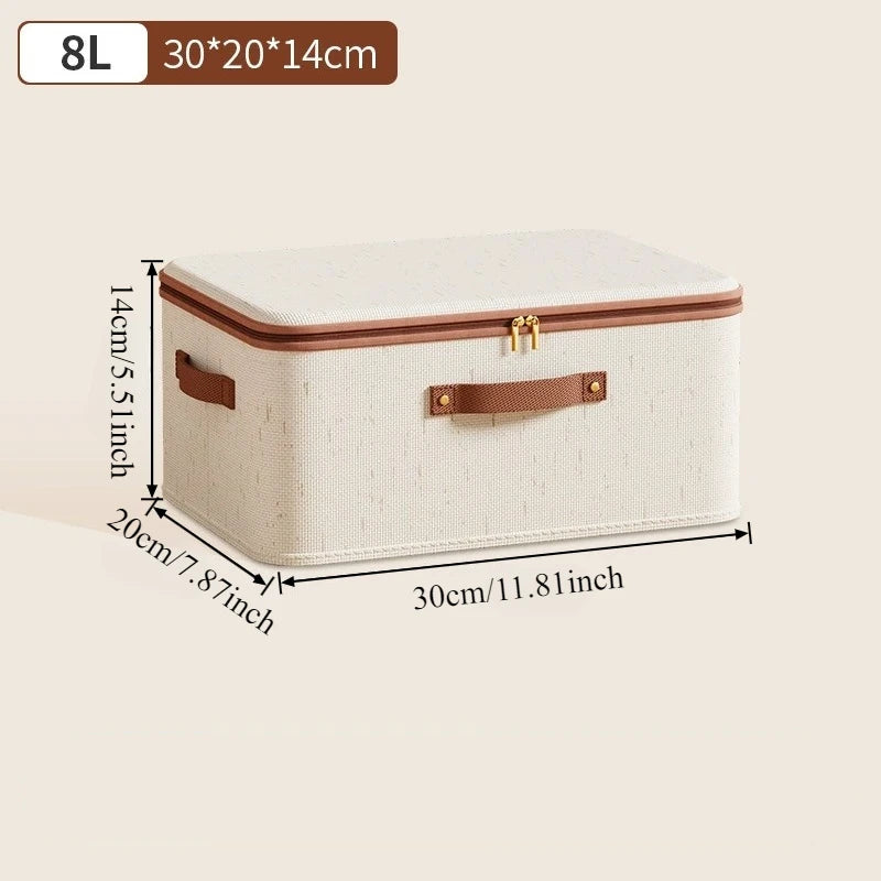Nutshell Large Capacity Linen Storage Boxes cream fabric box with brown leather handles and zipper