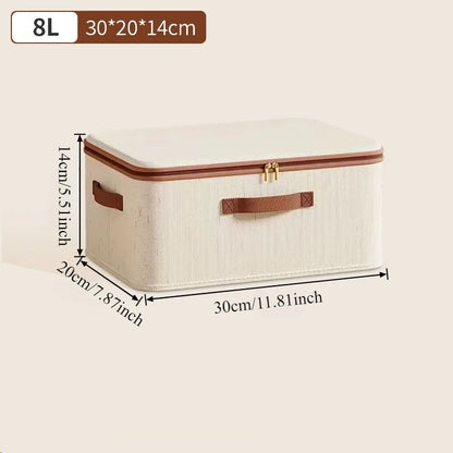 Nutshell Large Capacity Linen Storage Boxes beige fabric zippered box with brown handles 8L 30x20x14 cm