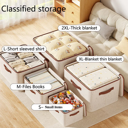 Large Capacity Linen Storage Boxes set of five beige fabric organizers with lids and handles for clothes and blankets