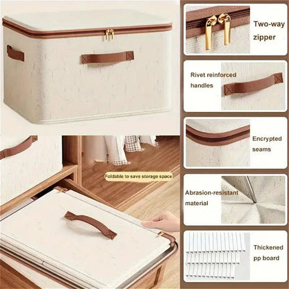 Nutshell Large Capacity Linen Storage Boxes beige foldable fabric box with brown handles and two way zipper