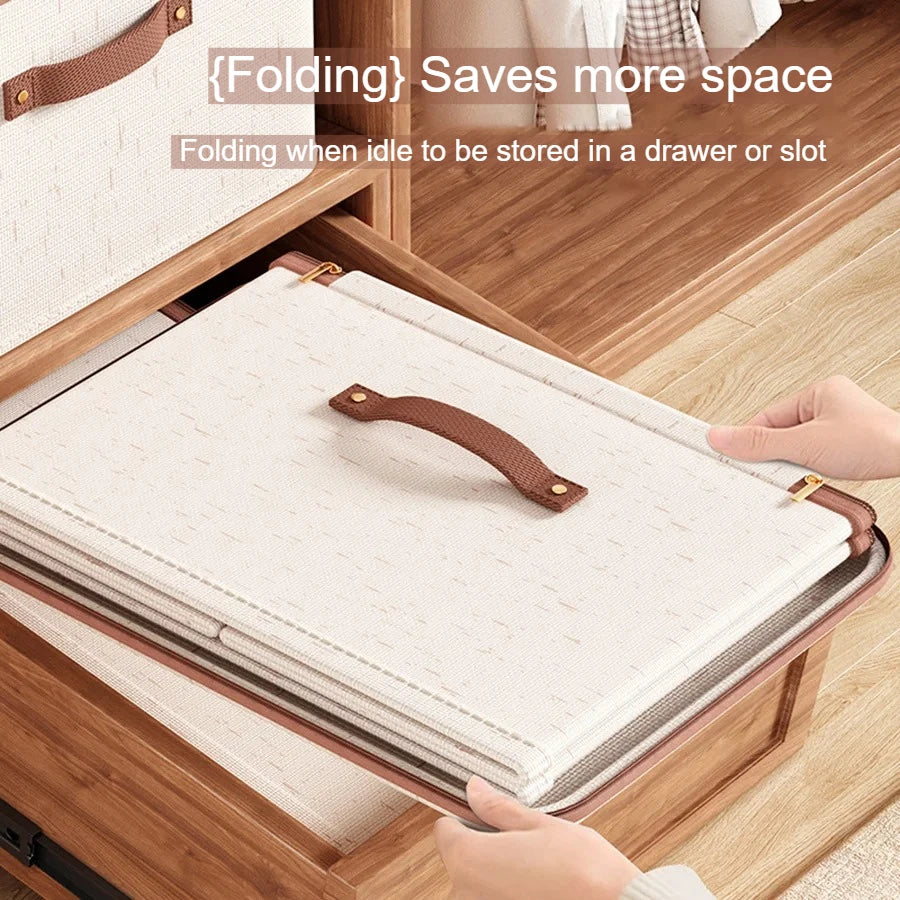 Large Capacity Linen Storage Boxes beige foldable box with brown handle being stored in drawer