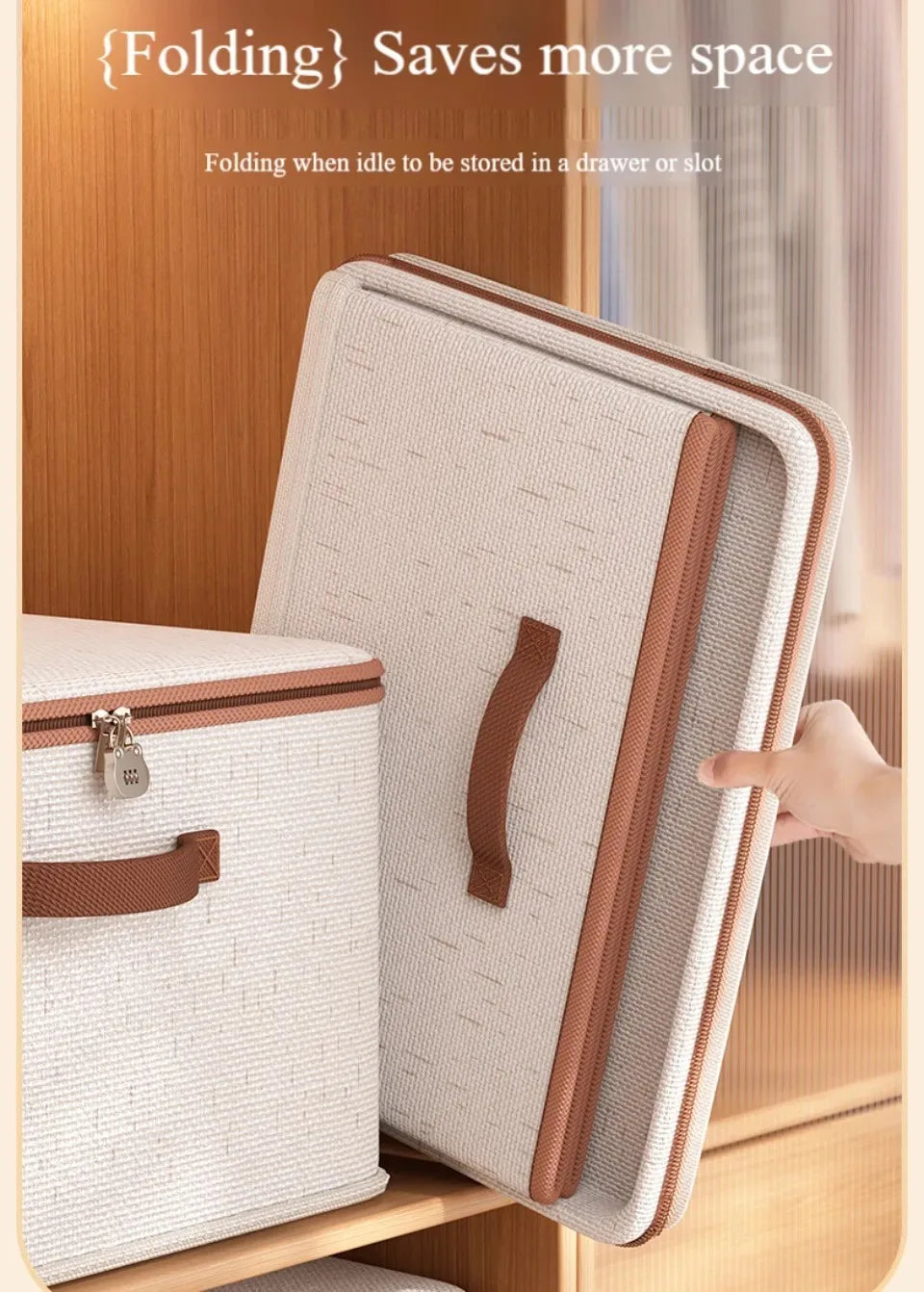 Large Capacity Linen Storage Boxes beige foldable set with brown trim on wooden shelf hand pulling folded box