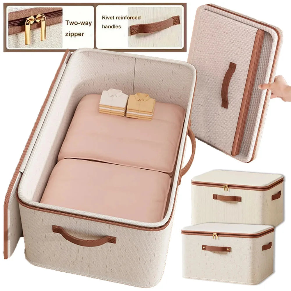 Large Capacity Linen Storage Boxes beige fabric storage bin set with zippered lid reinforced handles and folded bedding inside