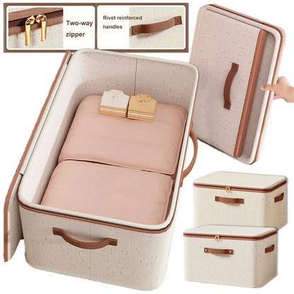 Large Capacity Linen Storage Boxes beige fabric storage bin set with zippered lid reinforced handles and folded bedding inside