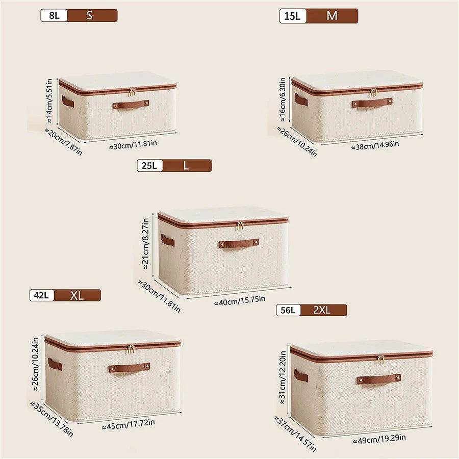 Large Capacity Linen Storage Boxes in beige with brown leather trim and handles showing multiple sizes and dimensions