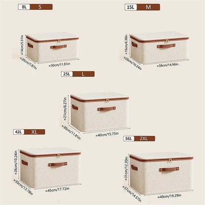 Large Capacity Linen Storage Boxes in beige with brown leather trim and handles showing multiple sizes and dimensions