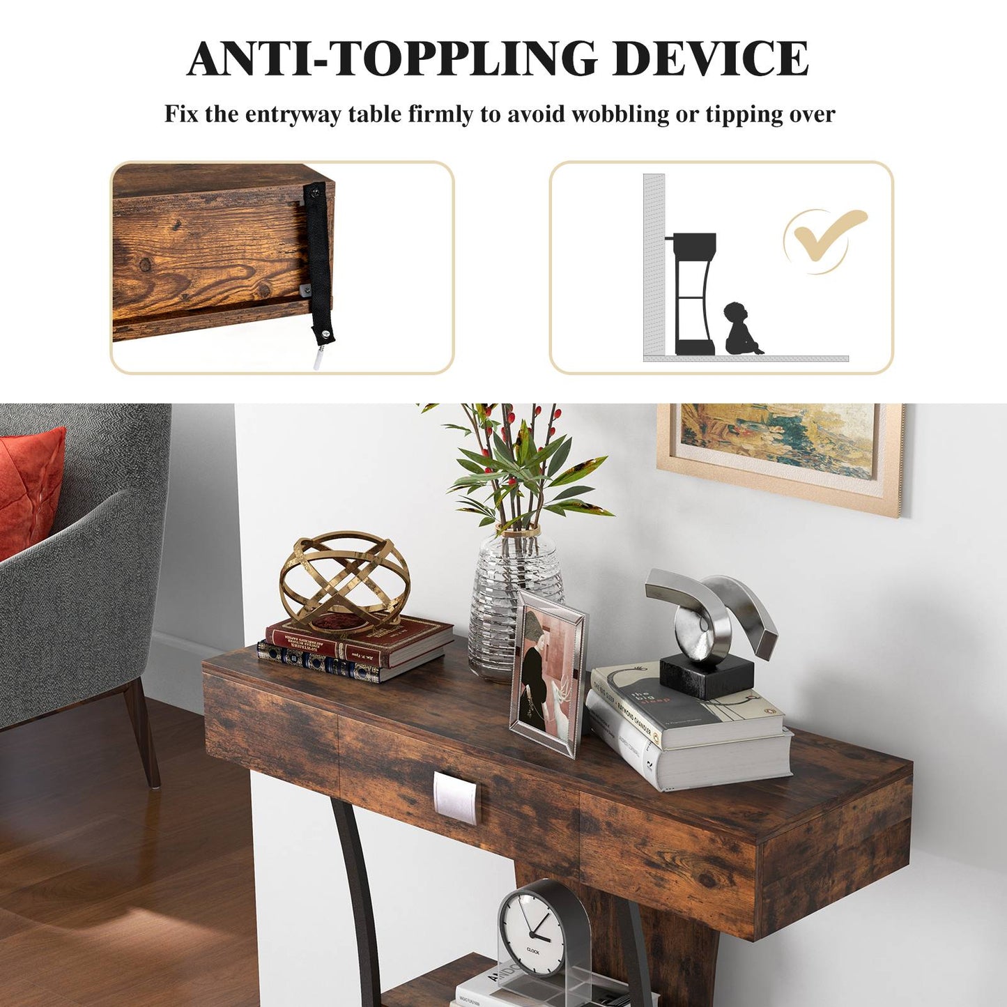 Nutshell rustic entryway table with shelves in distressed wood styled with vase books clock and anti topple bracket