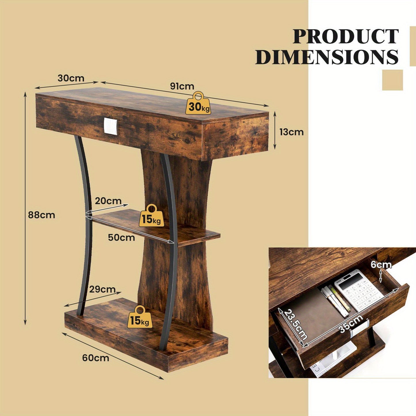 Nutshell rustic entryway table with shelves and drawer in distressed wood with metal supports and measurements