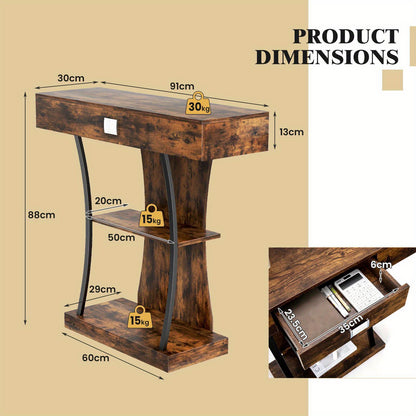 Nutshell rustic entryway table with shelves and drawer in distressed wood with metal supports and measurements