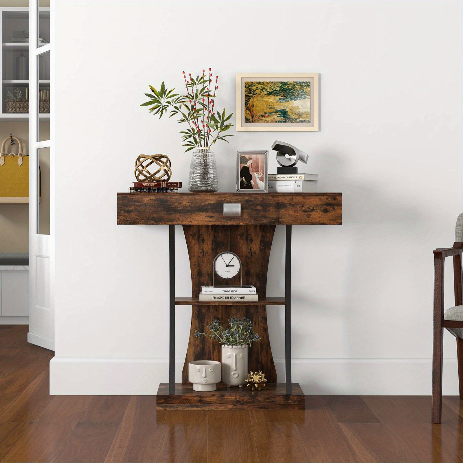 Nutshell rustic entryway table with shelves in dark reclaimed wood with metal accents and drawer