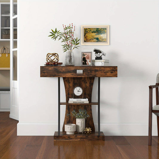Nutshell rustic entryway table with shelves in dark reclaimed wood with metal accents and drawer