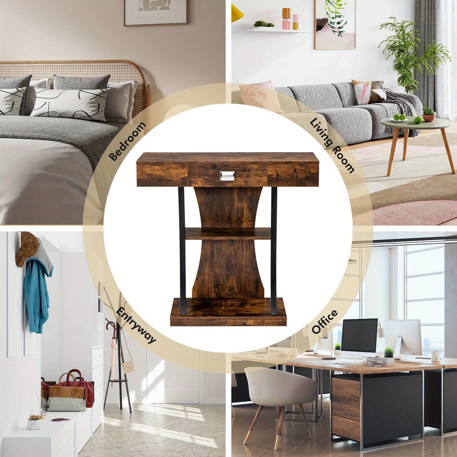 Nutshell rustic entryway table with shelves in reclaimed wood finish and metal frame for hallway and living room