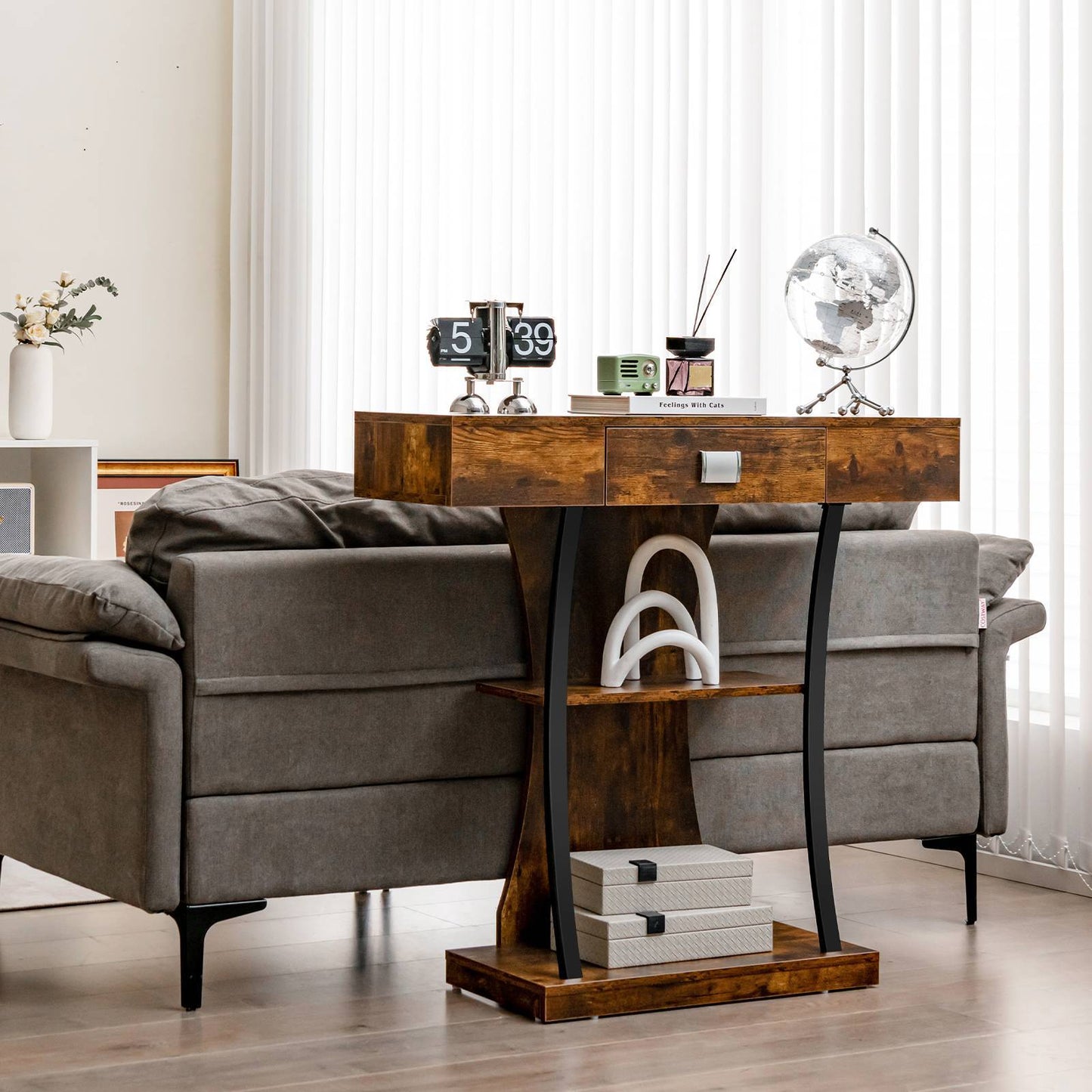Nutshell rustic entryway table with shelves in warm reclaimed wood finish with drawer and curved metal legs