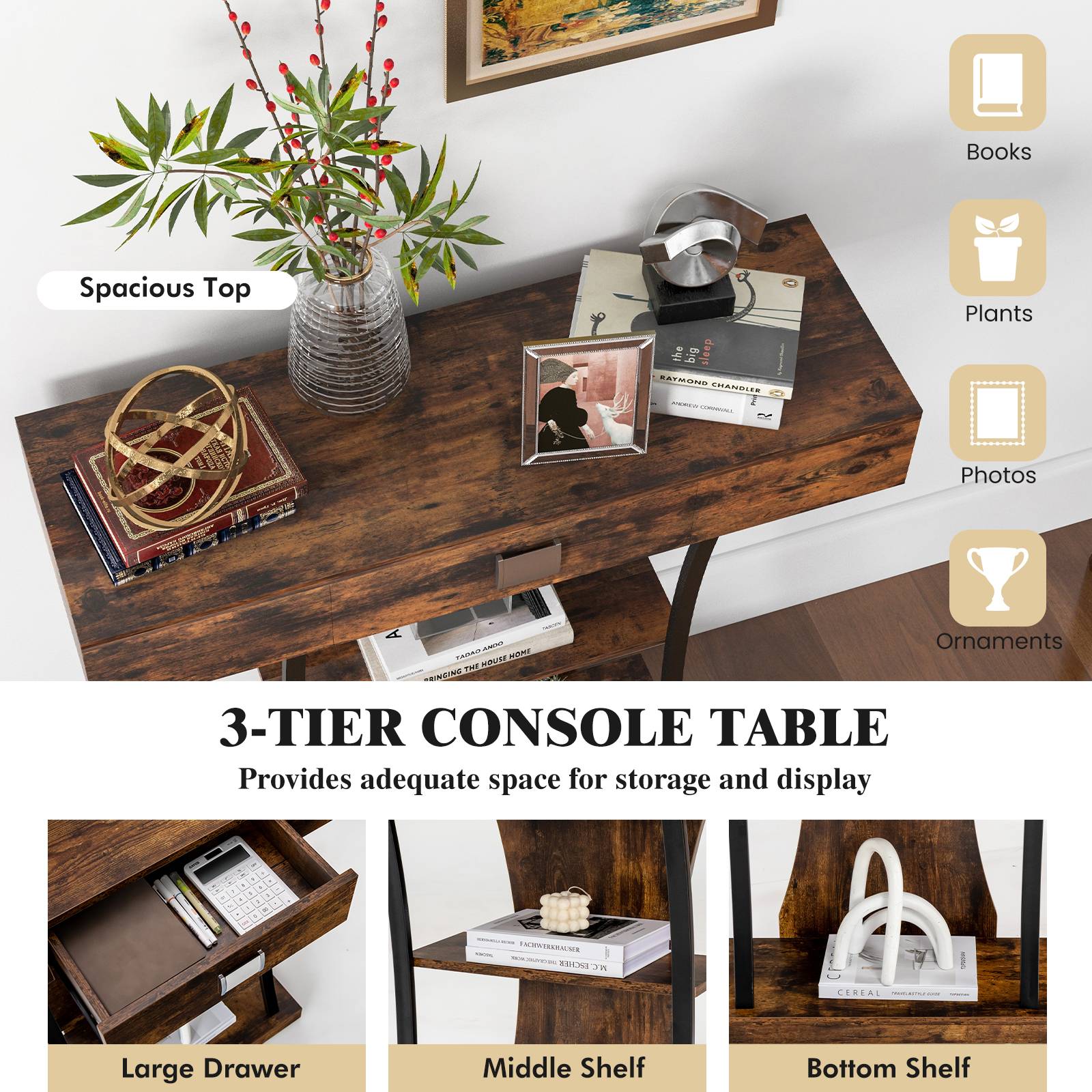 Nutshell rustic entryway table with shelves 3 tier console table in distressed wood with drawer and open shelves