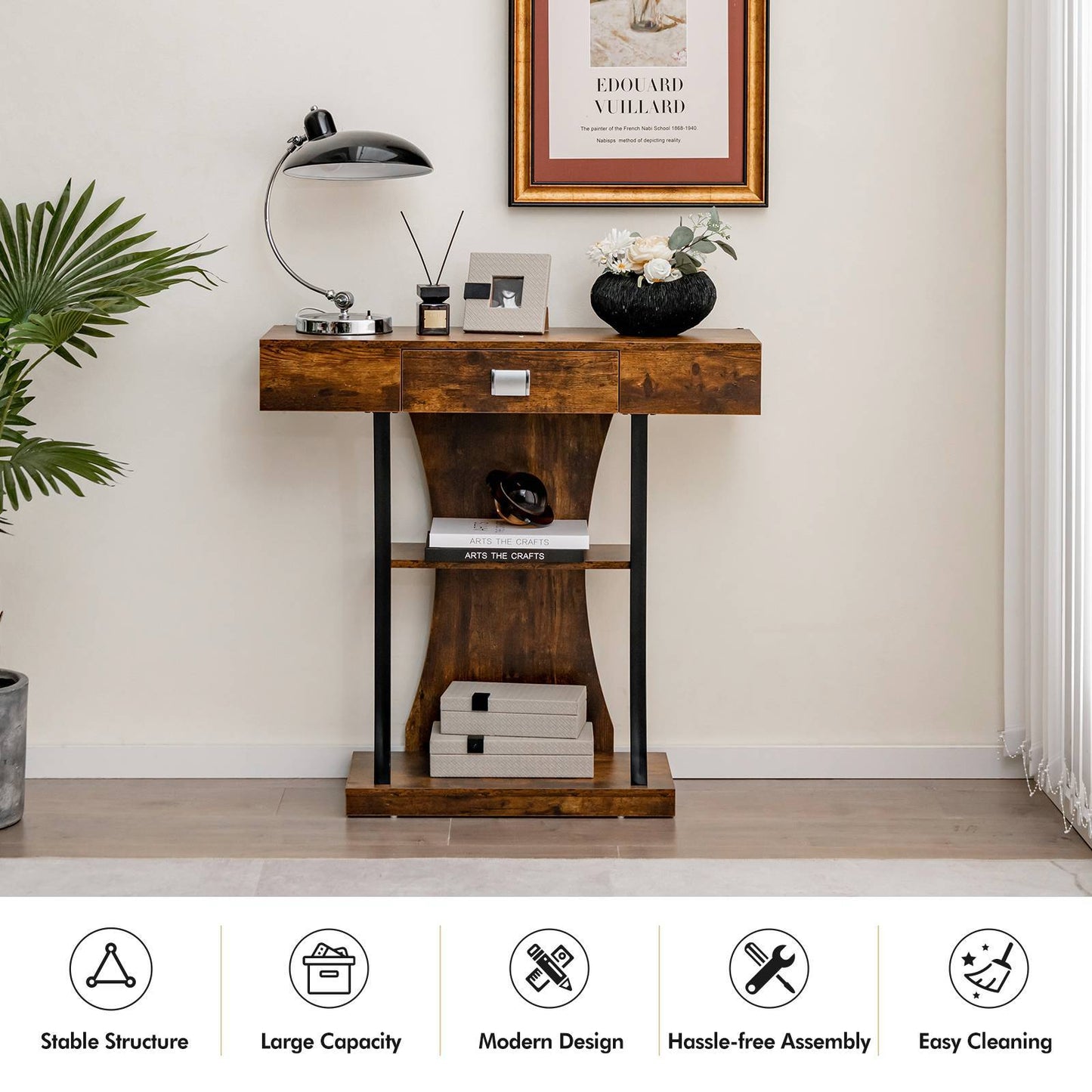 Nutshell rustic entryway table with shelves in reclaimed wood and metal frame with drawer