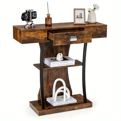 Nutshell rustic entryway table with shelves in distressed brown wood with drawer metal legs and two open shelves