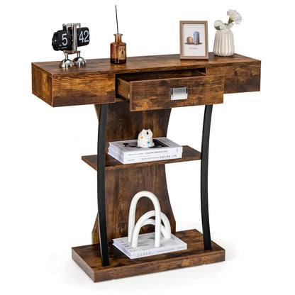 Nutshell rustic entryway table with shelves in dark reclaimed wood with drawer and metal accents