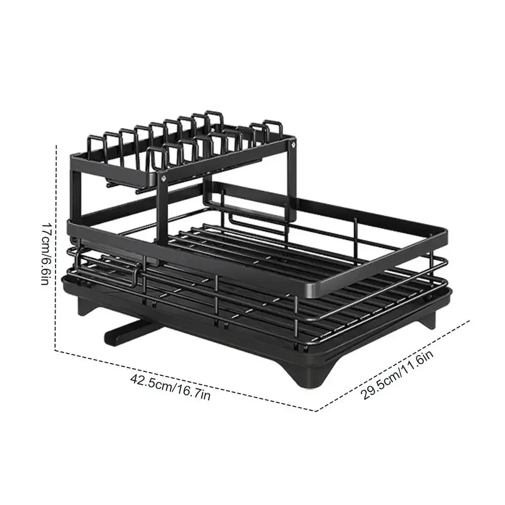 Nutshell black two tier adjustable dish drying rack with plate slots and removable drip tray