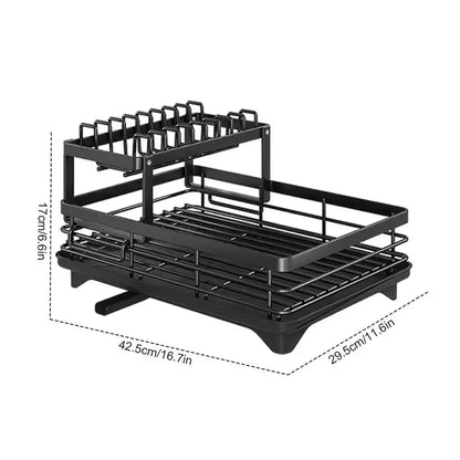 Nutshell black two tier adjustable dish drying rack with plate slots and removable drip tray
