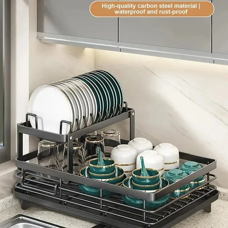 Nutshell adjustable dish drying rack two tier carbon steel with plate holders bowls mugs and drip tray