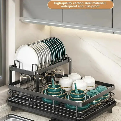 Nutshell adjustable dish drying rack two tier carbon steel with plate holders bowls mugs and drip tray