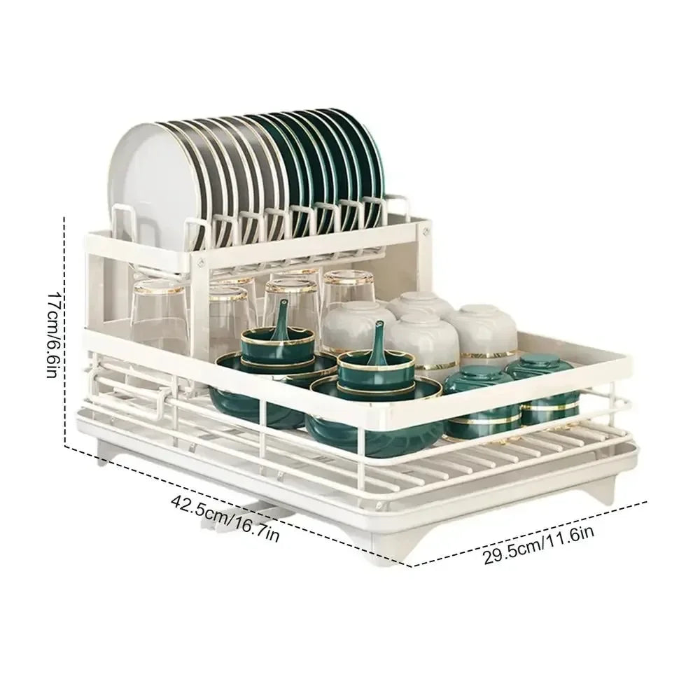 White Nutshell adjustable dish drying rack two tier with plate slots cup holders and removable drip tray