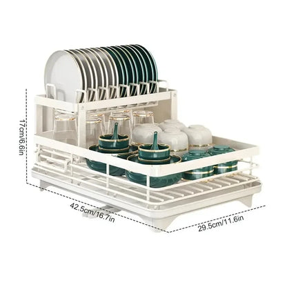 White Nutshell adjustable dish drying rack two tier with plate slots cup holders and removable drip tray