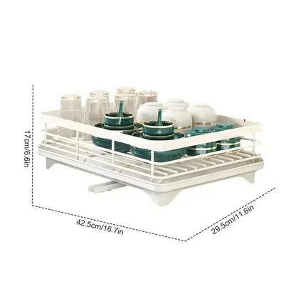 Nutshell white adjustable dish drying rack holding cups bowls and utensils shown with dimensions