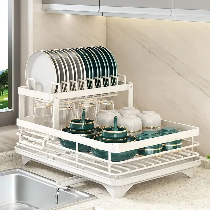 Nutshell adjustable dish drying rack two tier white countertop organizer with plates glasses and bowls
