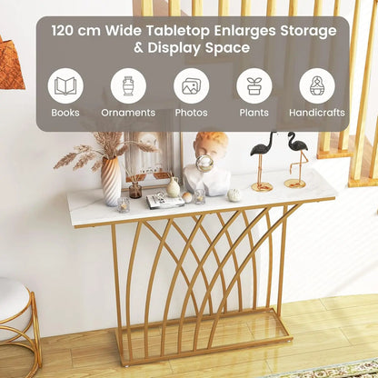 Nutshell modern gold console table with white marble top decorative vases and sculptures in entryway