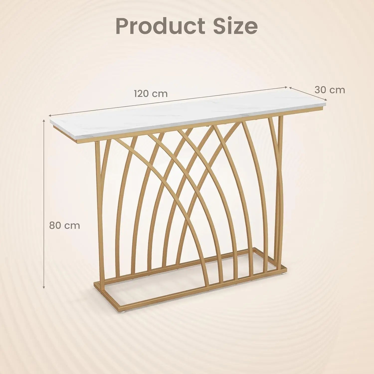 Nutshell modern gold console table with white marble top and arched gold metal base 120 by 30 by 80 cm
