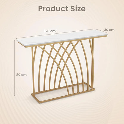 Nutshell modern gold console table with white marble top and arched gold metal base 120 by 30 by 80 cm