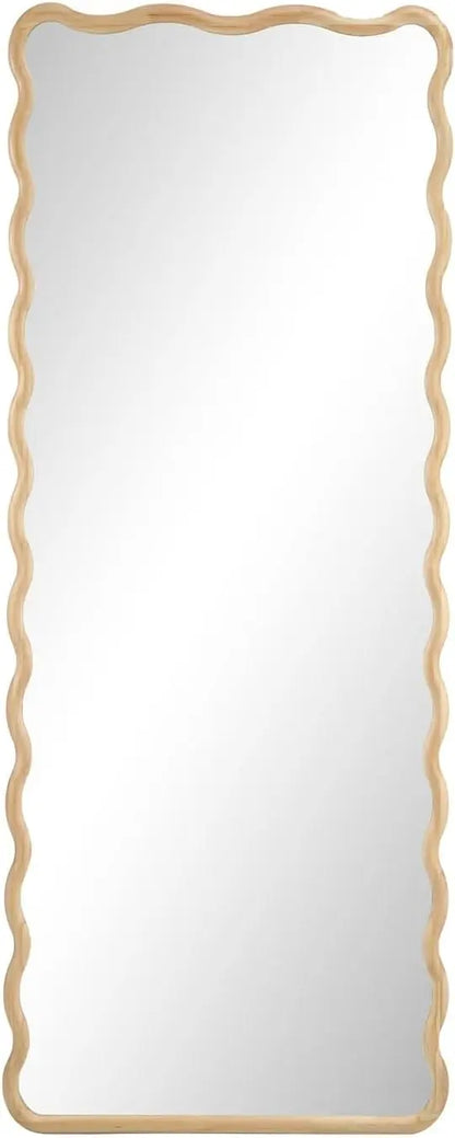 Nutshell rectangular wooden frame mirror full length leaning with scalloped light oak wood frame