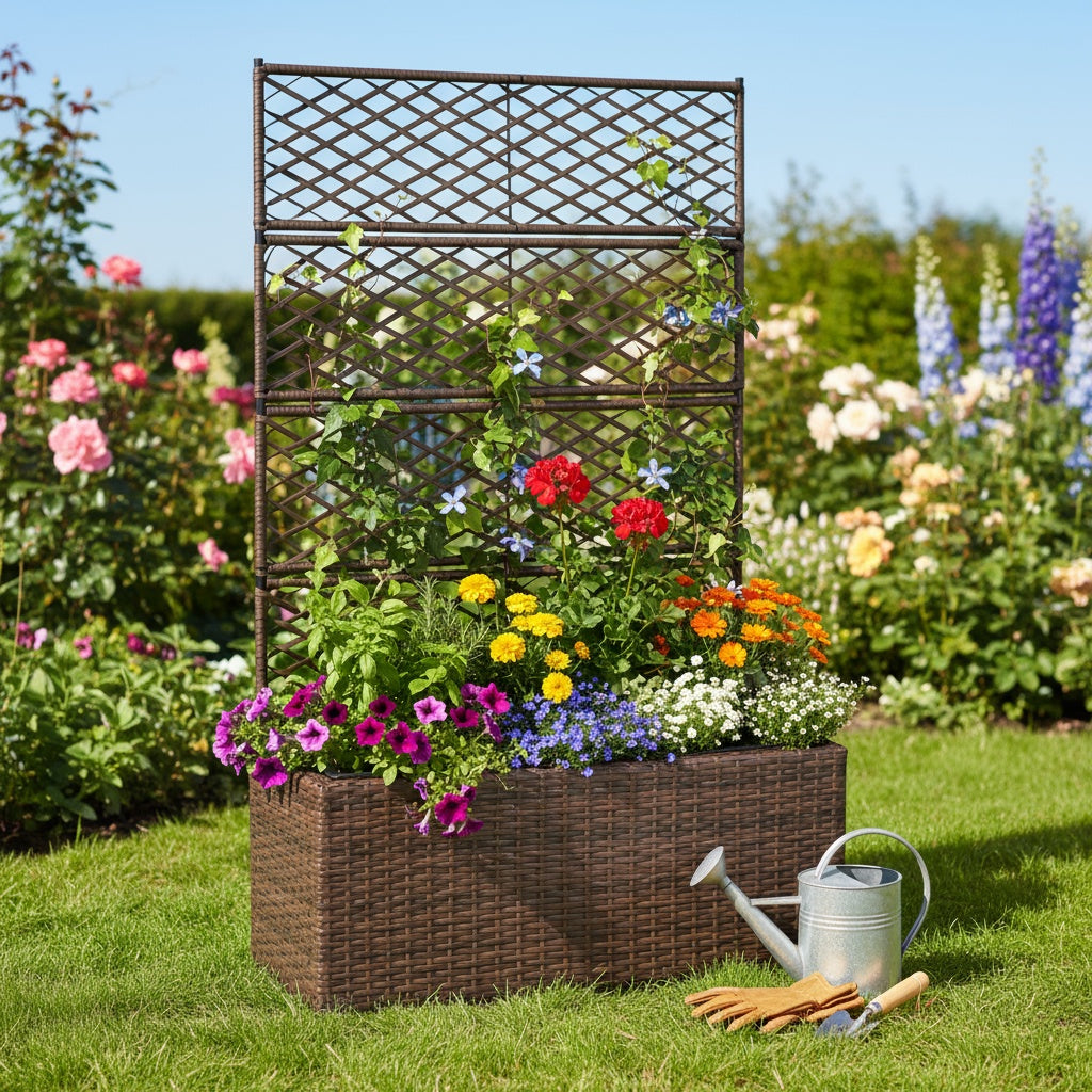 Nutshell Poly Rattan Raised Garden Bed with Trellis