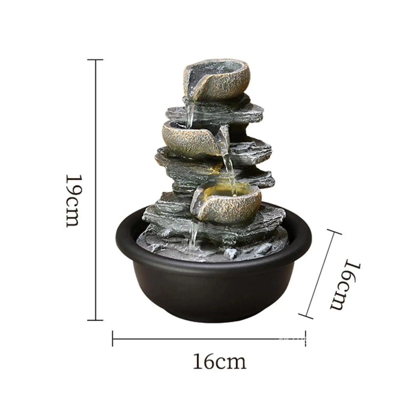 Nutshell indoor tabletop water fountain with layered rock design and LED lighting in black base