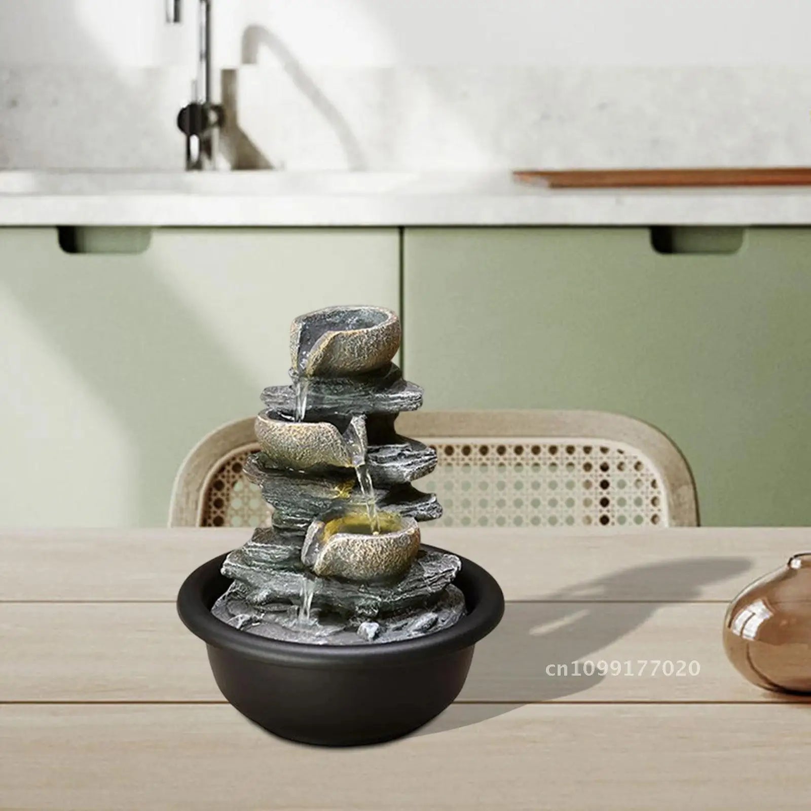 Nutshell indoor tabletop water fountain with cascading stone-like bowls in black base for home decor