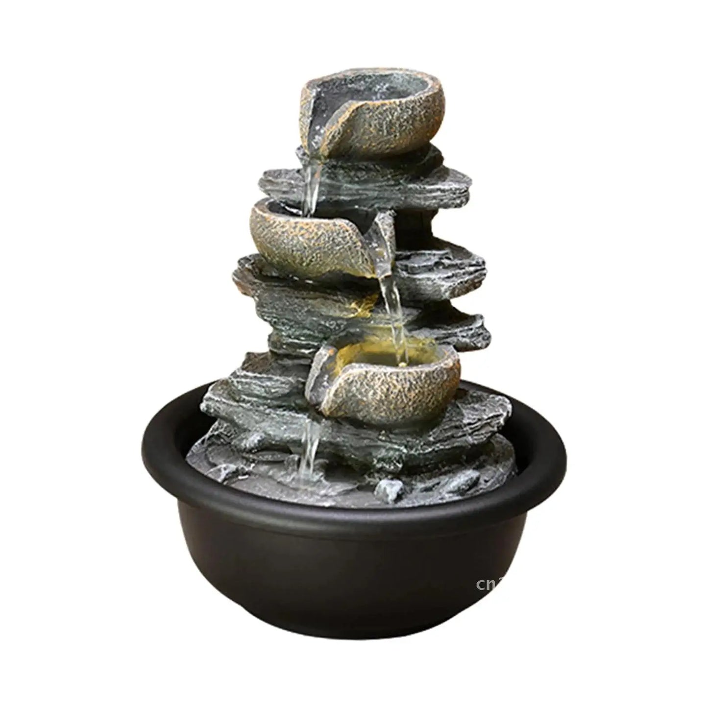 Nutshell indoor tabletop water fountain with cascading stone bowl design in black base