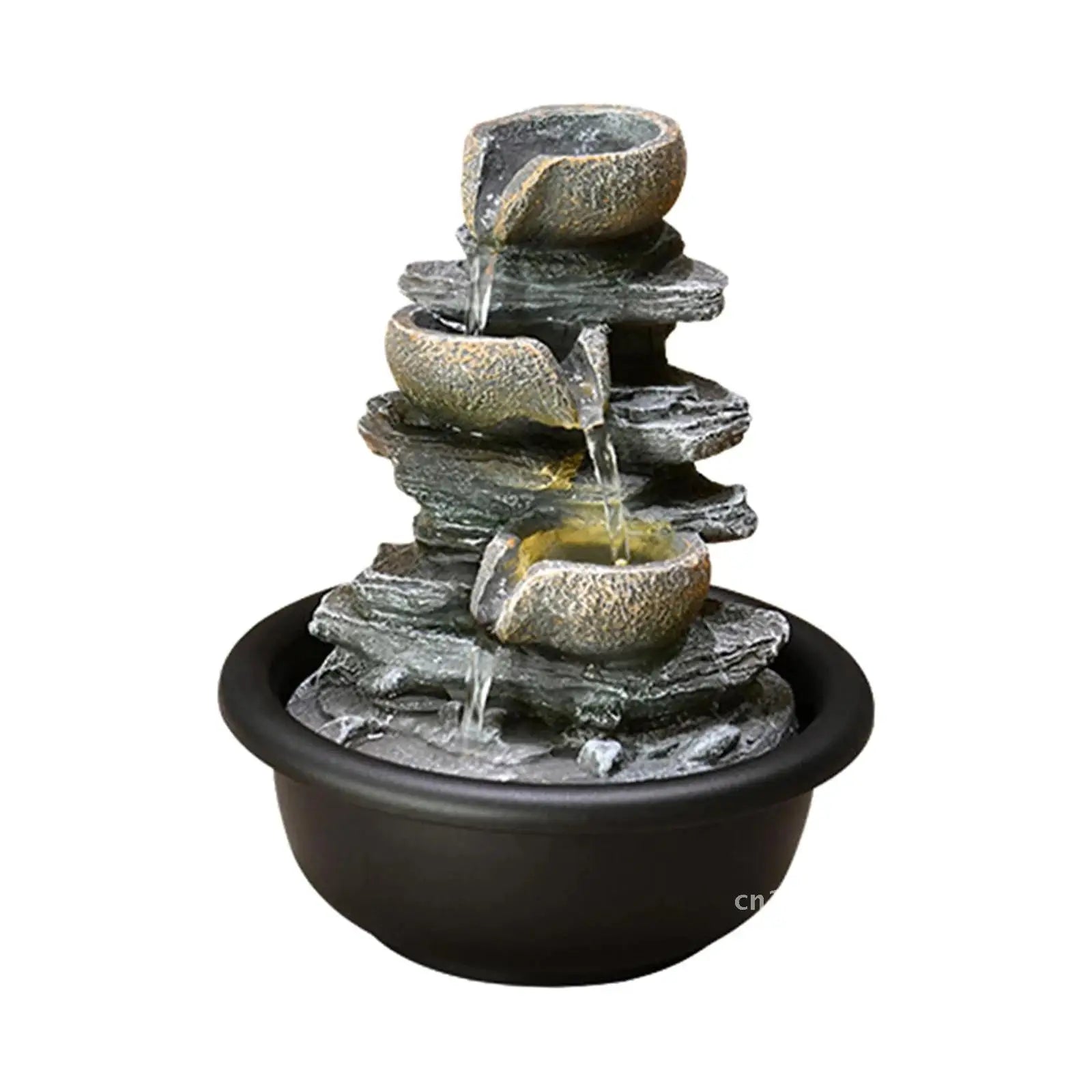 Nutshell indoor tabletop water fountain with cascading stone bowl design in black base