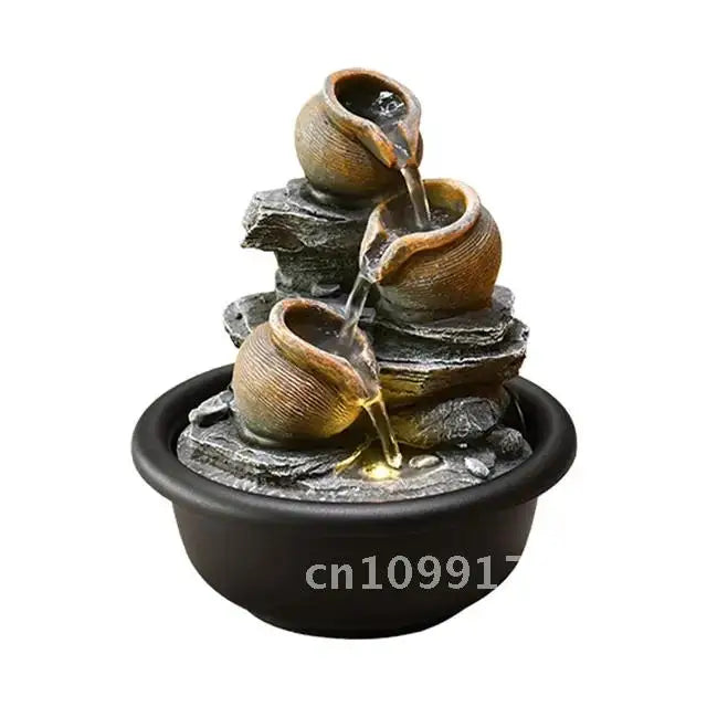 Nutshell indoor tabletop water fountain with cascading pots and stone base in black bowl