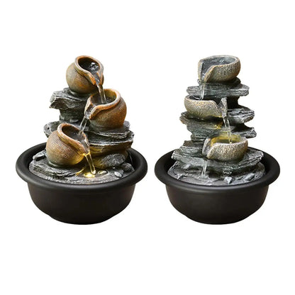 Nutshell indoor tabletop water fountain set with cascading water bowls and rock design