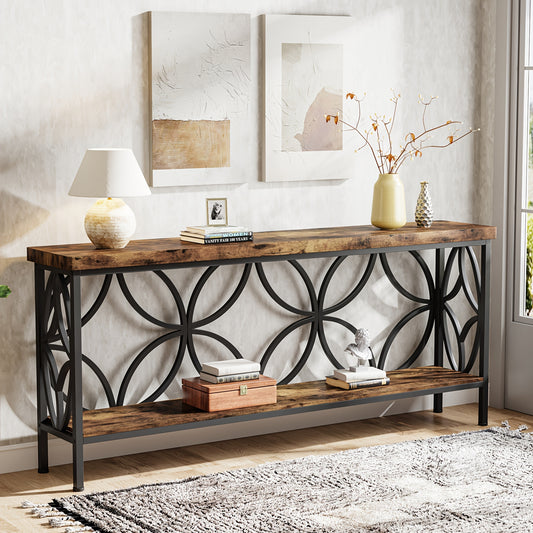 Nutshell entryway table with storage featuring rustic wood surfaces and decorative black metal circular frame