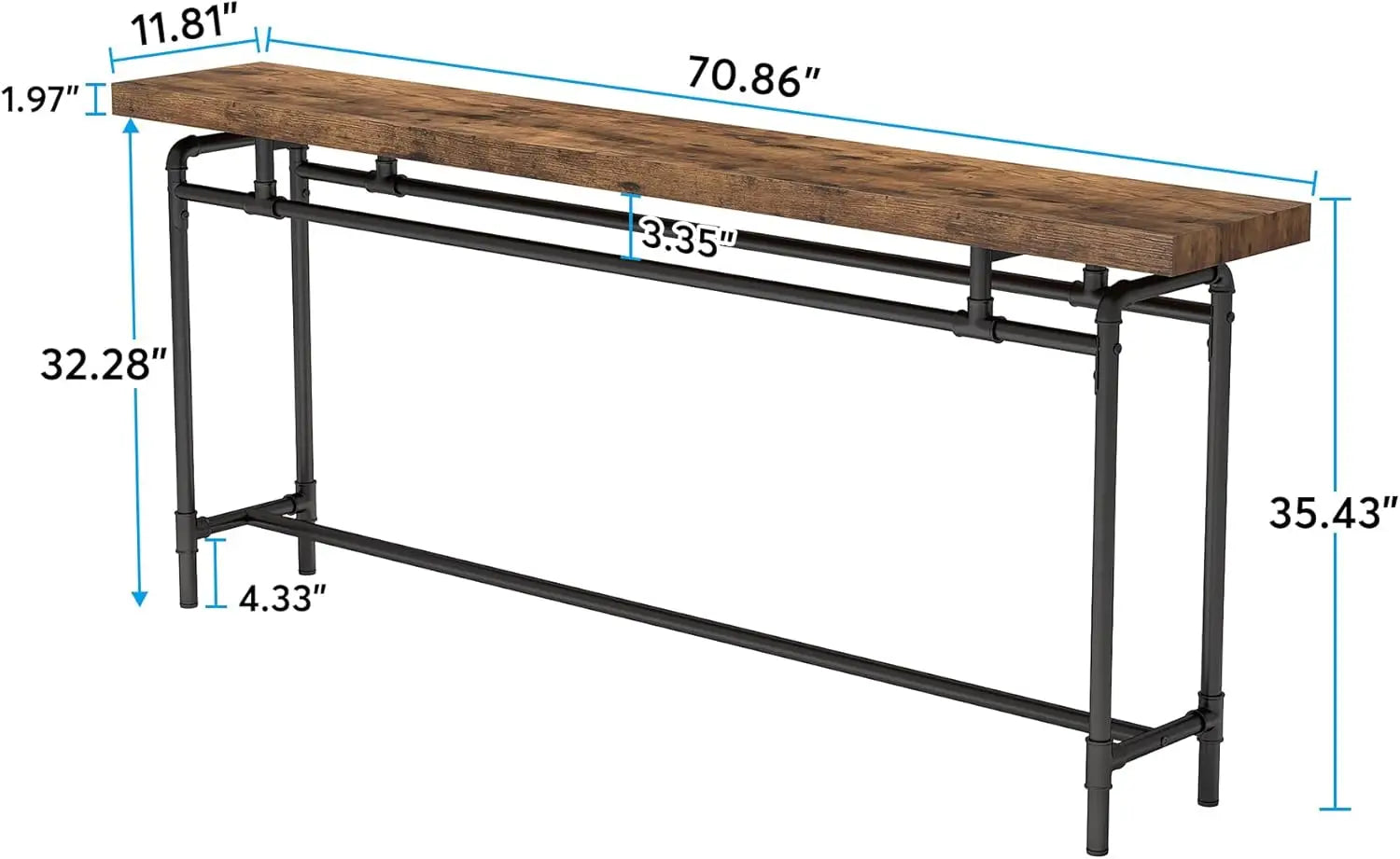 Nutshell Extra Long Sofa Table with rustic wood top and industrial metal pipe legs approximately 71 inches long