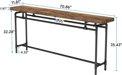 Nutshell Extra Long Sofa Table with rustic wood top and industrial metal pipe legs approximately 71 inches long